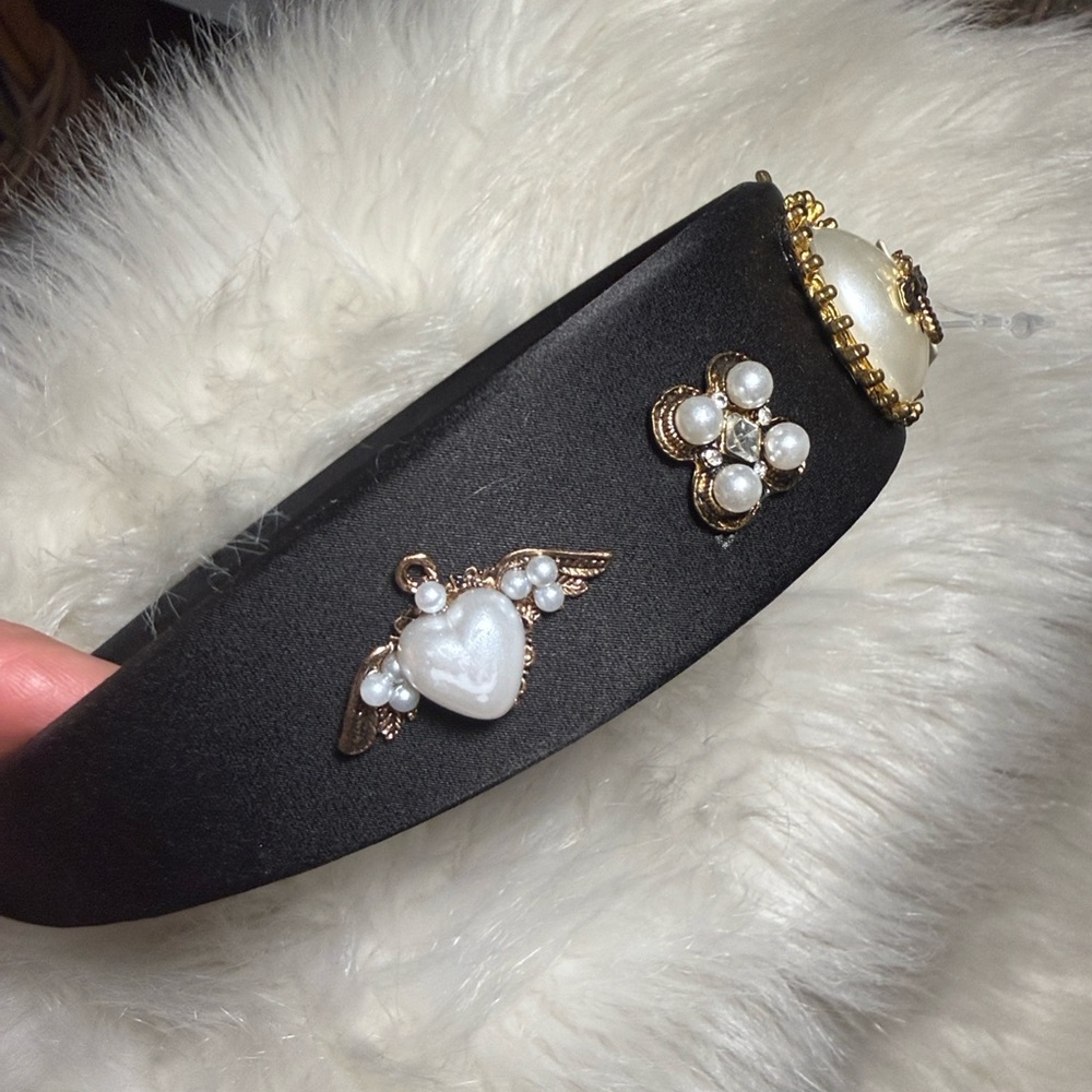 Bee pearl Headband black baroque inspired faux pearls gold tone Victorian *flaw - Picture 6 of 17
